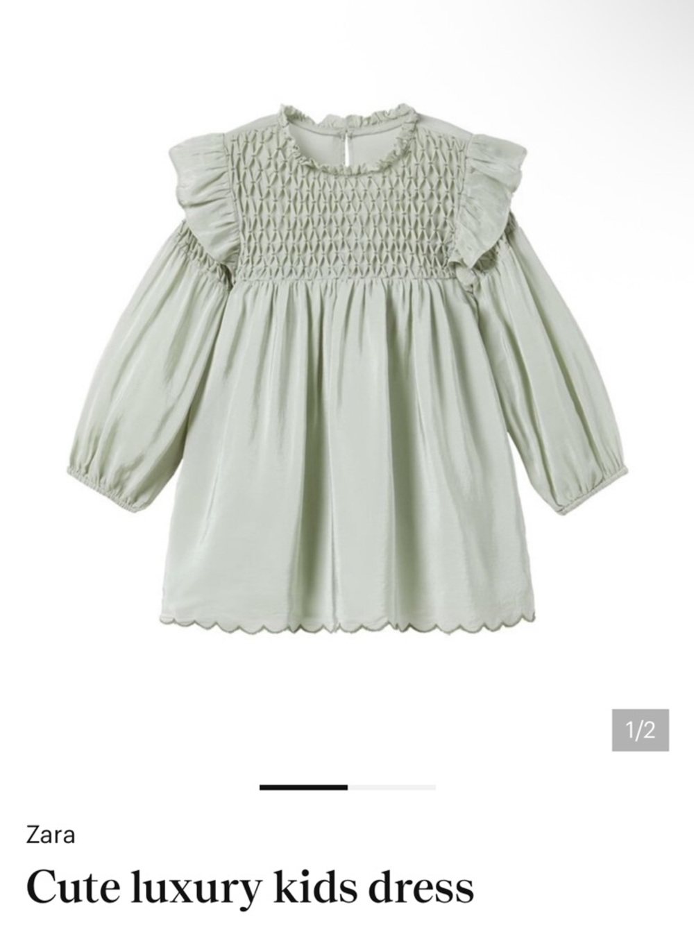 Zara Sage Green Smocked Ruffle Long-Sleeve Dress
